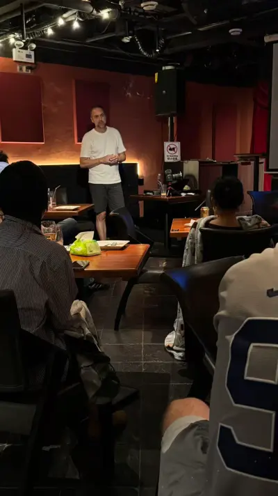 Tim Ramak presenting to seated attendees at the August 22 Filmmaking 101 workshop in Shenzhen.