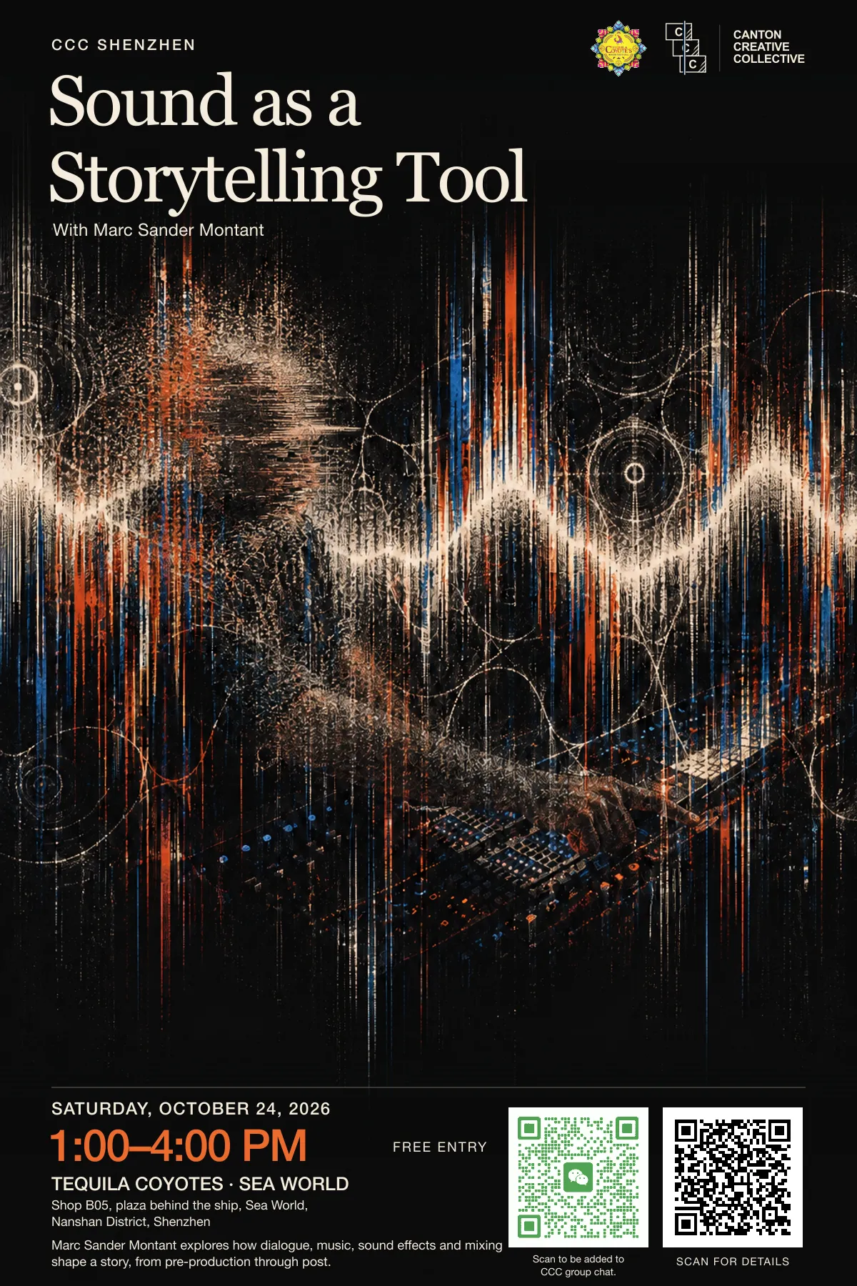 Abstract event poster with a dark distorted sound-wave portrait for Sound as a Storytelling Tool, October 24, 1 to 4 PM